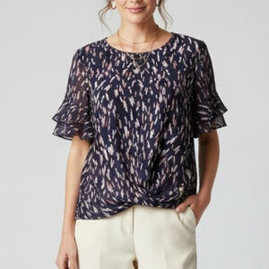 Collective Concepts Blouse Womens XL Navy Ruffle Sleeve Semi Sheer NWT